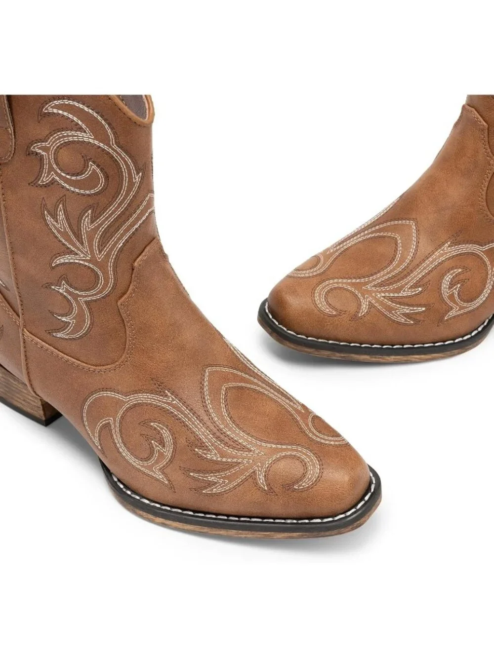 Women's Tan Cowboy Western Boots Embroidered Stitched Ankle Chunky Heel - Picture 5 of 6